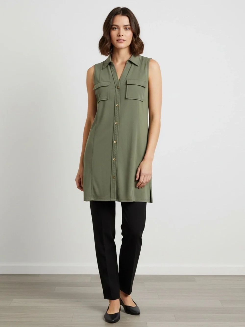 Michael Kors Olive Snap-Front Tunic Top
